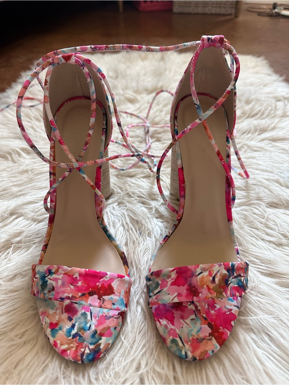 Charlotte Russe Multicolor Pink Floral Lace-Up Block Heels